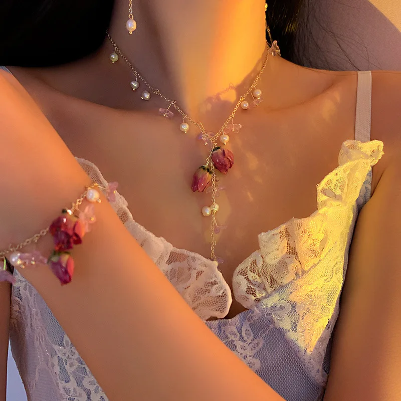 Новый Модный цветочный жемчужный браслет ожерелье и серьги в комплекте супер сказочная Роза нежные элегантные серьги-цепочки до ключиц для...
