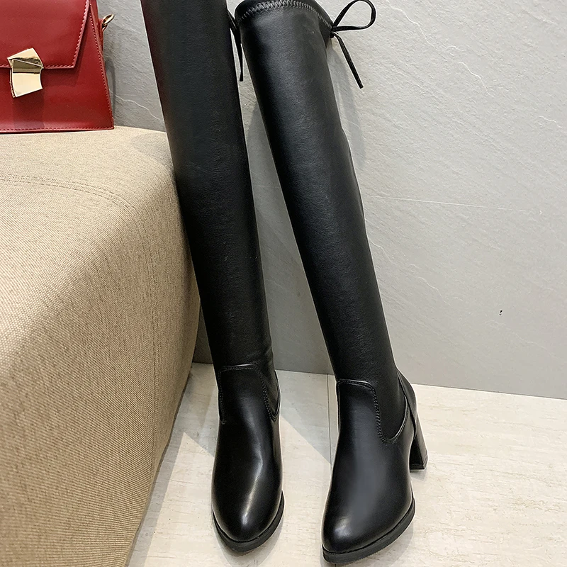 Пикантные Сапоги выше колена на высоком каблуке женские кожаные сапоги из флока
