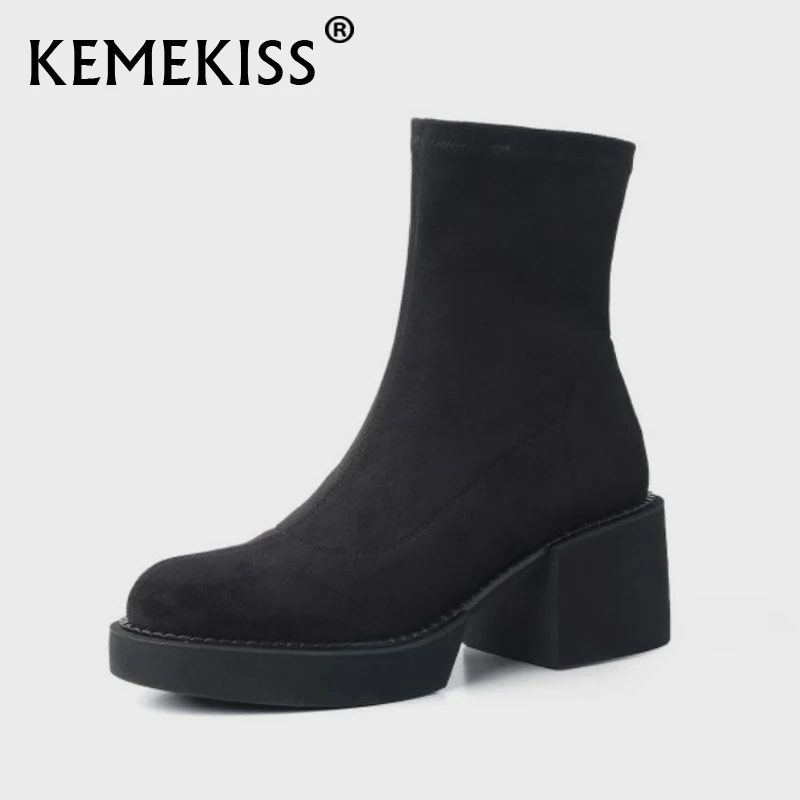 

KemeKiss New High Heel Women Boots Thick Heel Ankle Boots For Women Fashion Cool Shoes Women Party Footwear Size 34-41