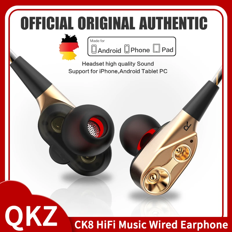 Original QKZ CK8 In-Ear Earphones Dual-drive Quad-Core Dynamic Headphones HiFi Stereo Headset With Mic Sports Running Earbuds |