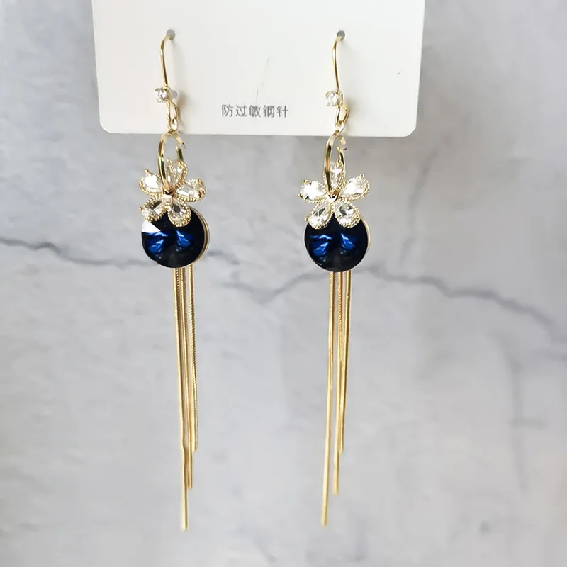 

Refreshing blue crystal earrings 2020 new trendy long tassel earrings temperament earrings