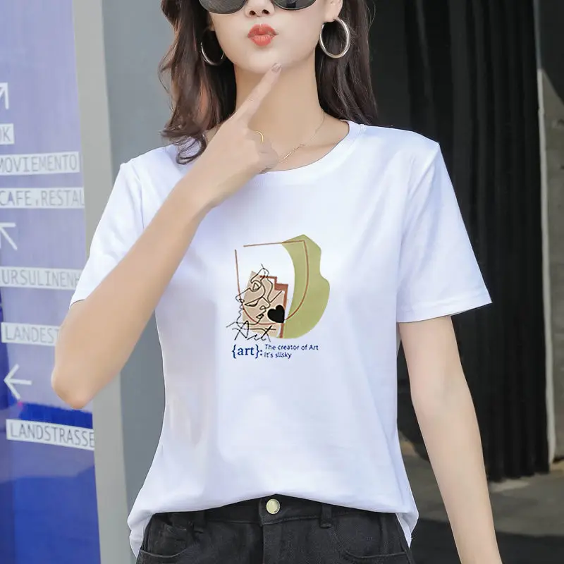 

New T-shirt Women's Cotton Base Shirt Short Sleeve Loose Casual Round Neck T-shirt Women's Printed Half Sleeve Top