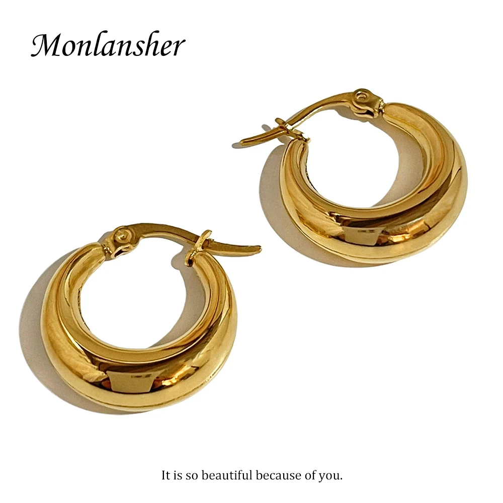 

Monlansher Gold Color Stainless Steel Glossy Round Hoop Earrings Classic French Daily Earrings Minimalist Jewelry for Women Gift
