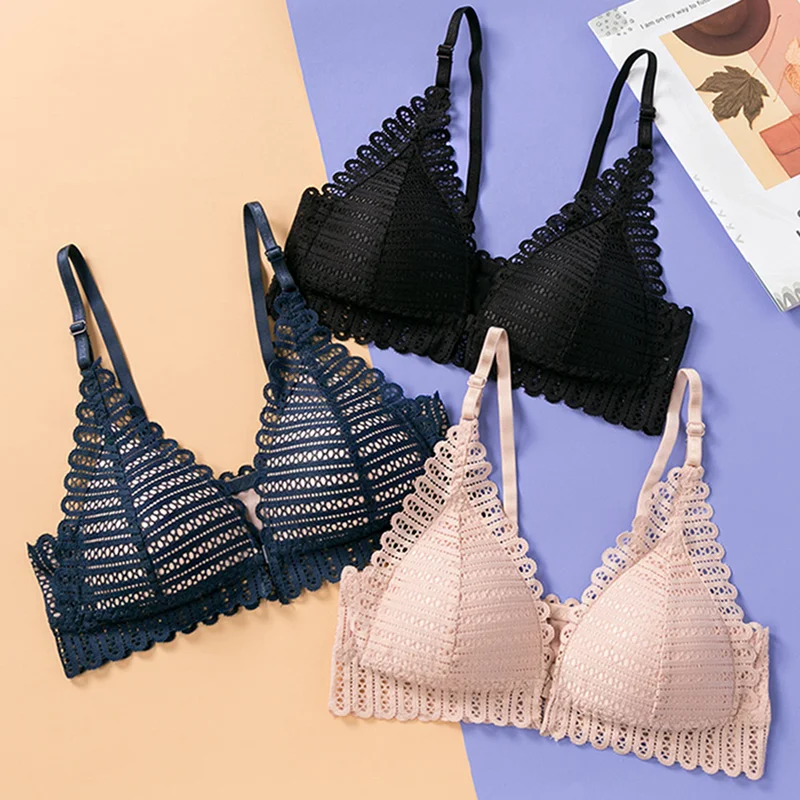 

Sexy Lace Wireless Women Bra Backless Brassiere Front Closure Bralette Lingerie Adjusted Push Up Triangle Cup Underwear Martini