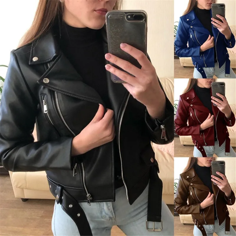

New Women Spring Autumn Black Faux Leather Jackets Zipper Basic Coat Turn-down Collar Motor Biker Jacket With Belt