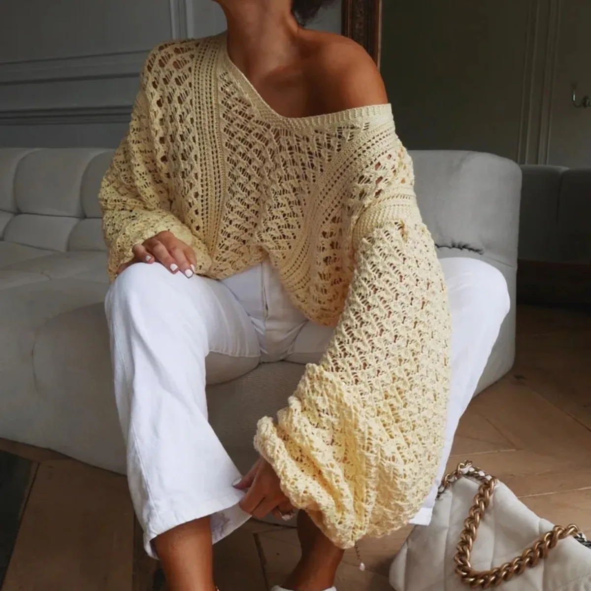 

Fannic Autumn casual solid color loose knit V-neck hollow sweater women