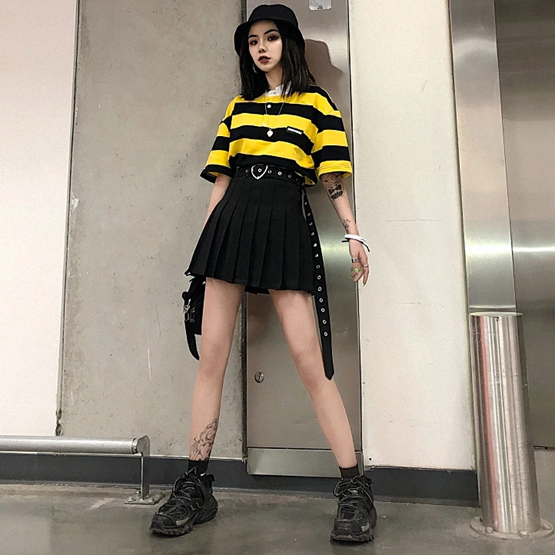 

korean style mini skirts womens high waist pleated skirt with belt chic summer black white short sexy skirts jupe femme