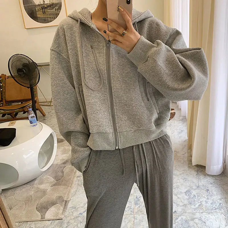 

Женская Повседневная куртка, Свободный кардиган с капюшоном, короткое пальто на молнии, бархатная куртка с длинными рукавами, весна-осень ...