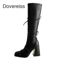 dovereiss fashion womens shoes winter sexy genuine leather sling back square toe new chunky heels zipper knee high boots 40