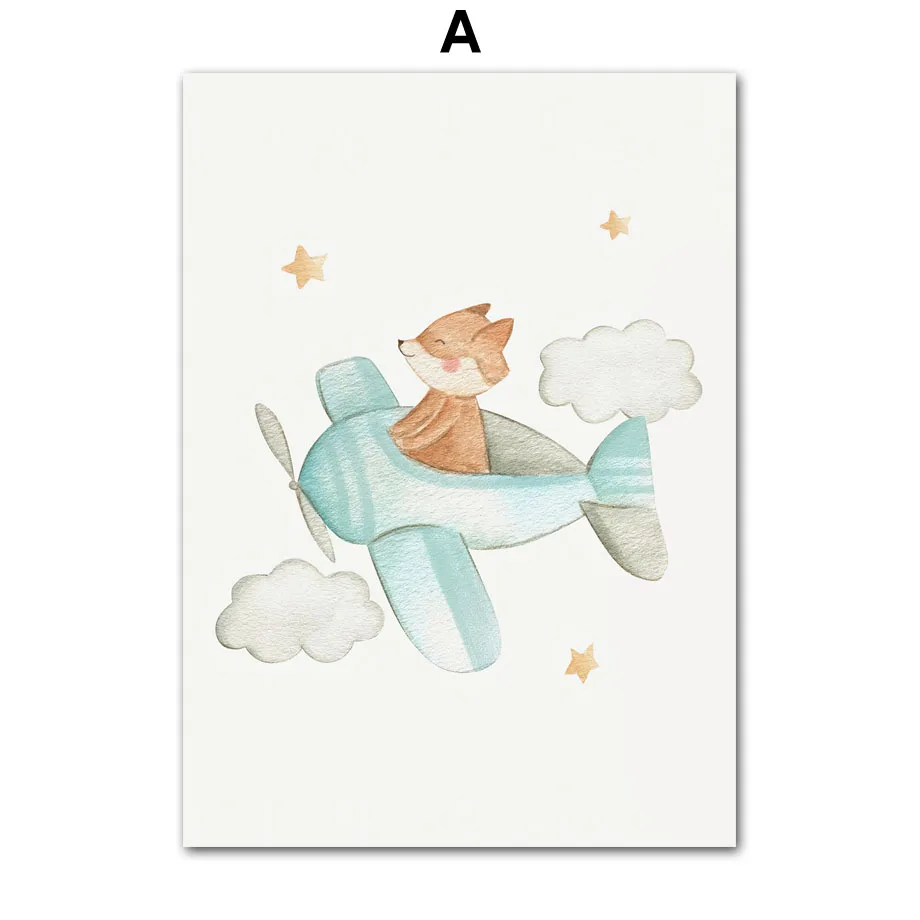 Постер в скандинавском стиле слон свинка лиса кролик луна самолет настенная