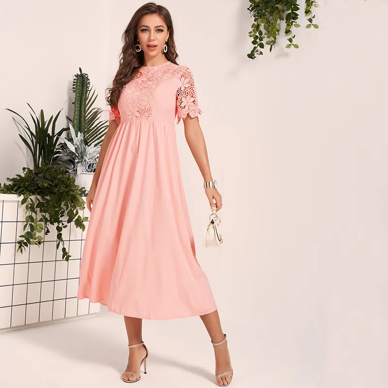 

MAI&FUN New Women Lace Dress Sweet Pink Guipure Lace Insert Hollow Out O Neck Fit Flare Midi Dresses Party Dress Summer