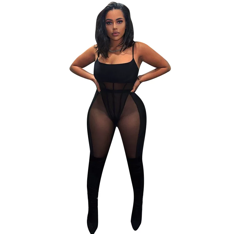 

Women Sexy Mesh Solid Sleeveless Pleated Overall Female Skinny Party Clubwear