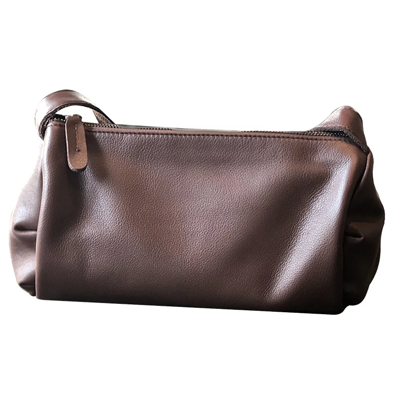 

New Autumn and Winter Genuine Leather Messenger Bag Cylinder Packet Vintage Shoulder Bag First Layer Cowhide Folds Bag for Women