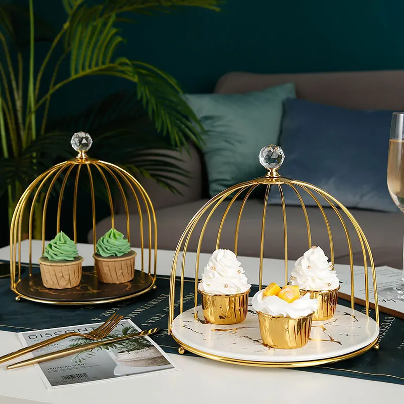

Creative dessert table display stand ceramic three-layer cupcake tray bird cage shape cake topper afternoon tea snack rack