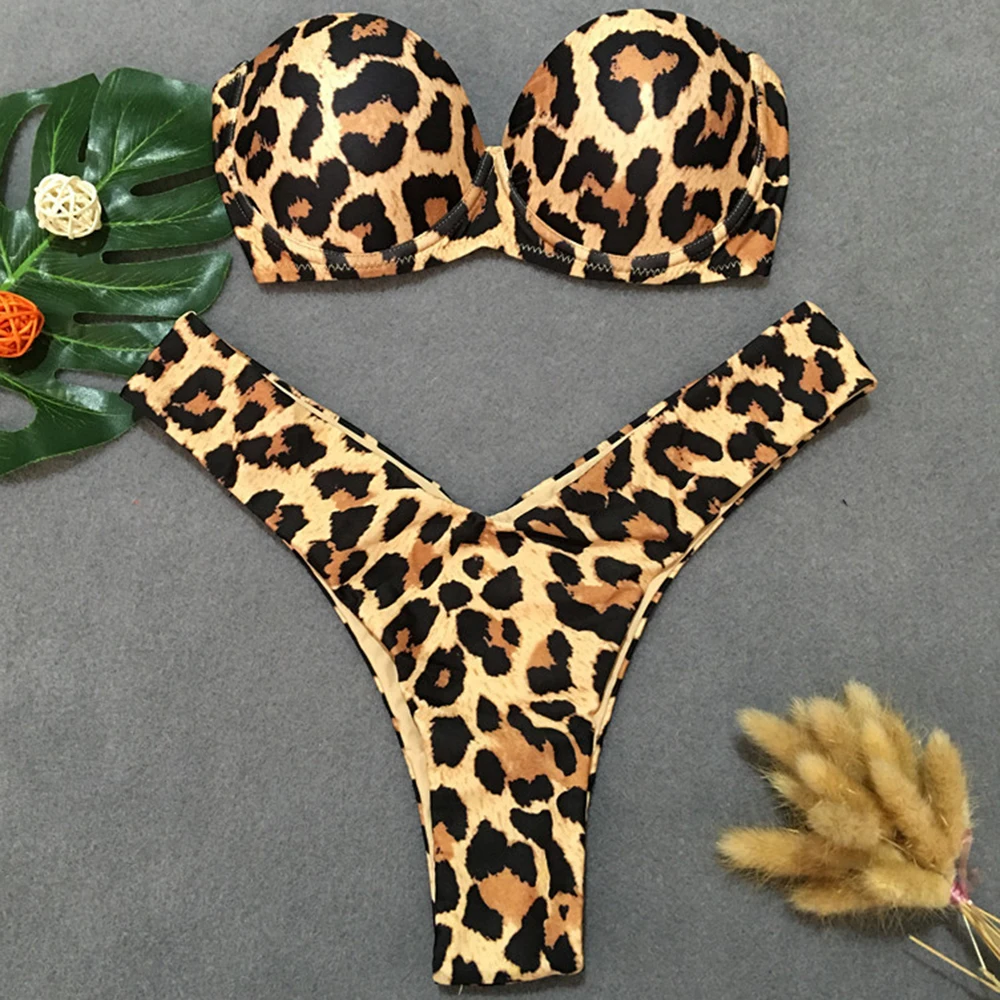 

Underwired Leopard Bikini 2021 Sexy Women Thong Swimwear Female Bandeau Swimsuit Two-pieces Bikini set With Bra Cup Bathing Suit