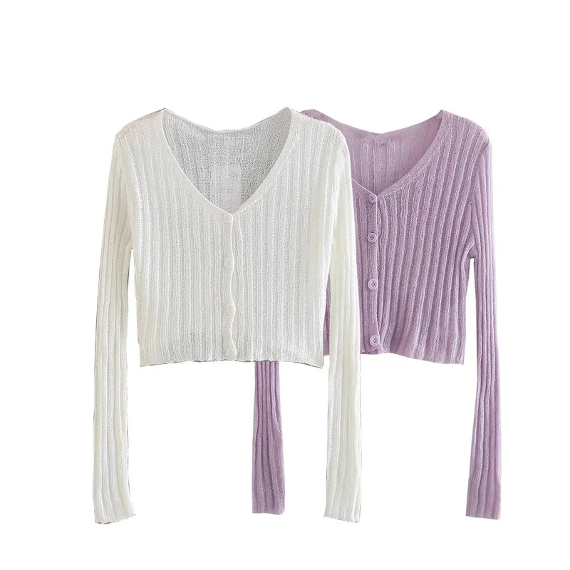 

Women's Clothes Za Two-Color Summer Single-Breasted V-Neck Sexy Comfortable Long-Sleeved Knitted Striped Casual Shirt