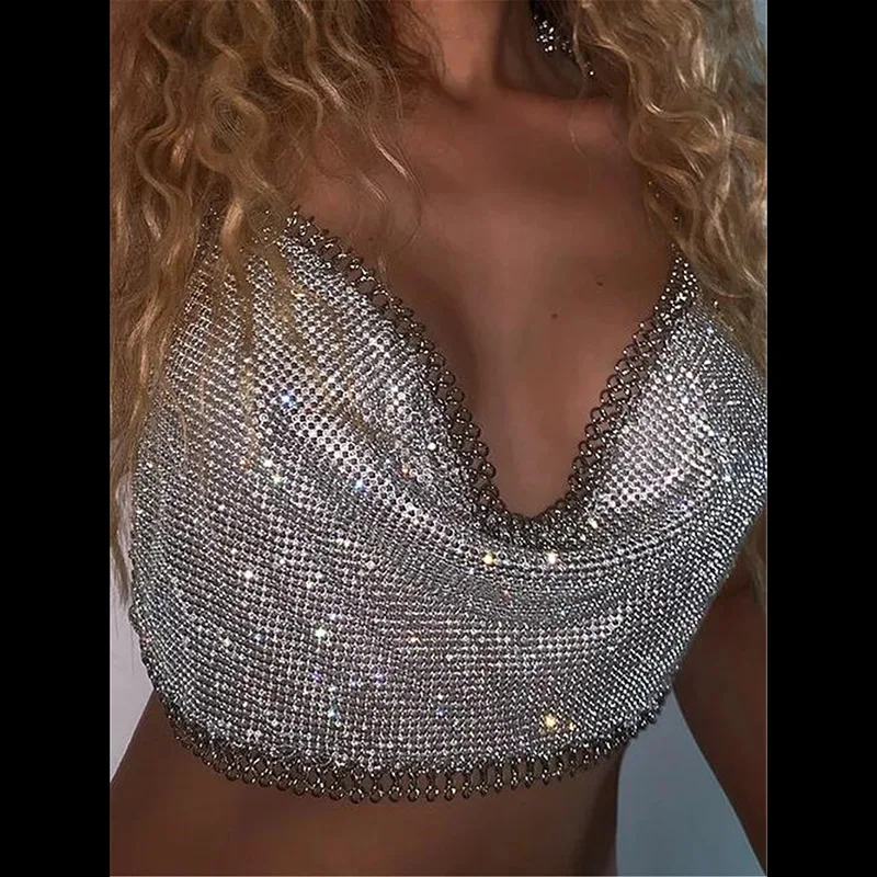 Блестящие стразы с низким вырезом на спине вечерние женский летний топ глубоким v