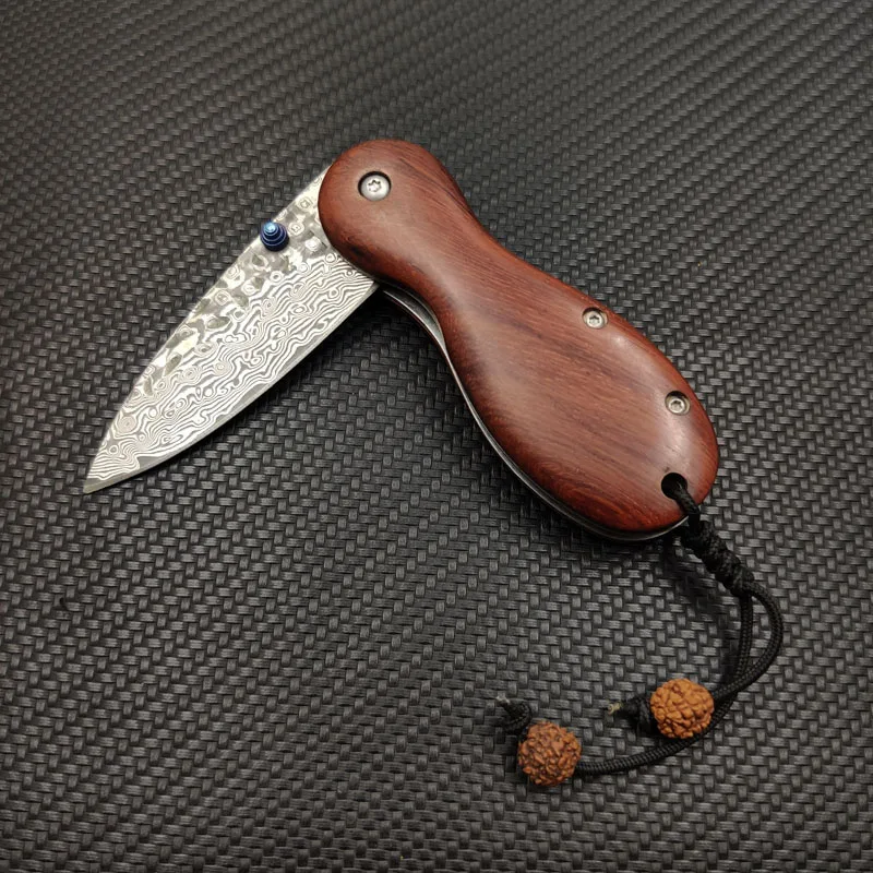 

High Quality 3.5mm VG10 Damascus Steel Ebony Wood Handle Camping Outdoor Portable ECD Pocket Knife Beautiful Leather Case