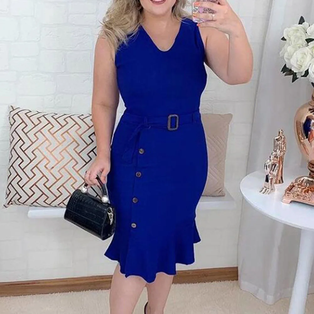 

Western Style Ladies Dresses Spring Summer Fashion Temperament Button Slim Sexy Mermaid Solid Color V-neck Ruffle 2021