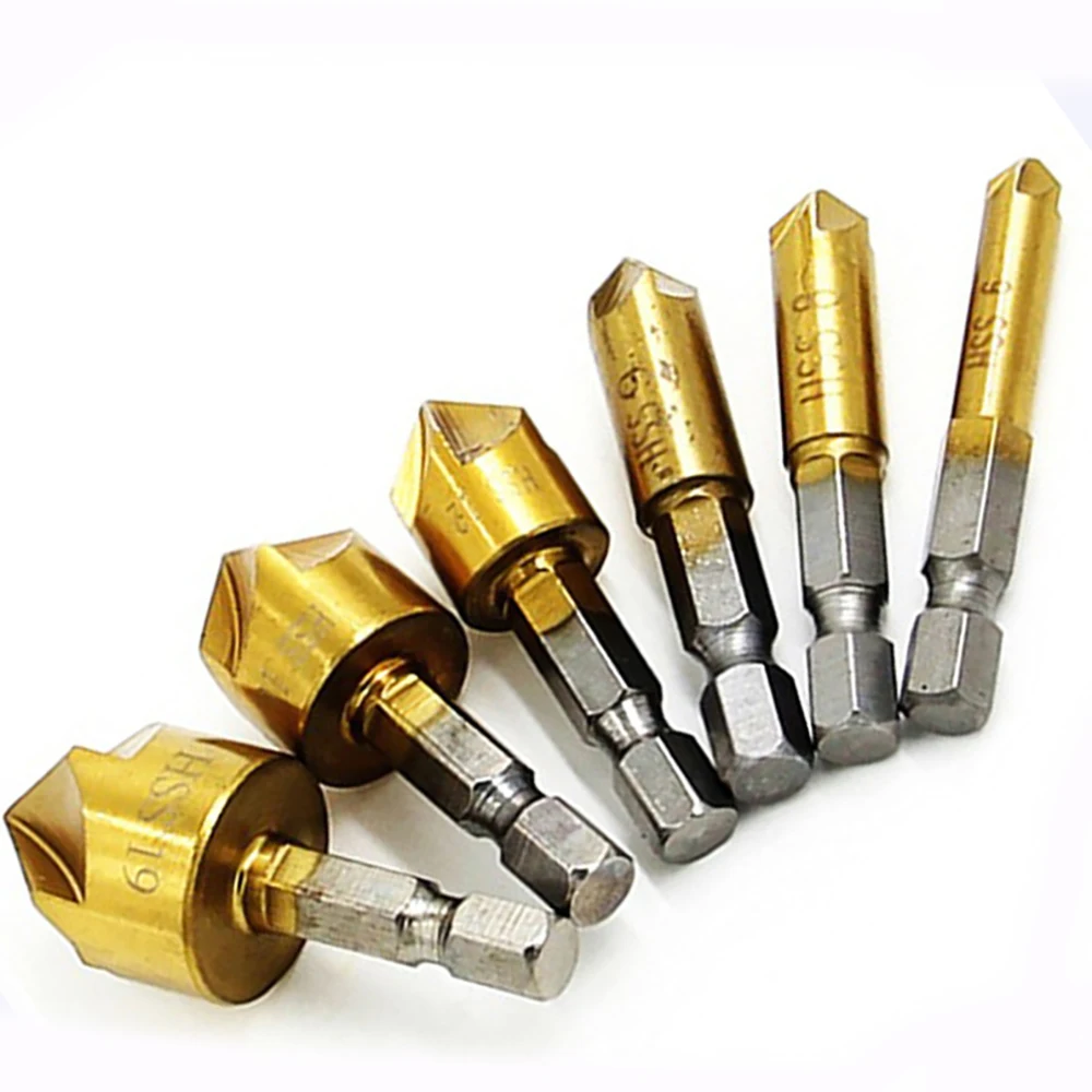 

6 шт. шестигранный хвостовик с титановым покрытием, 5 канавков, быстрорежущая сталь, зенкер, фаска, сверло 1/4 дюйма с покрытием, деревообрабат...