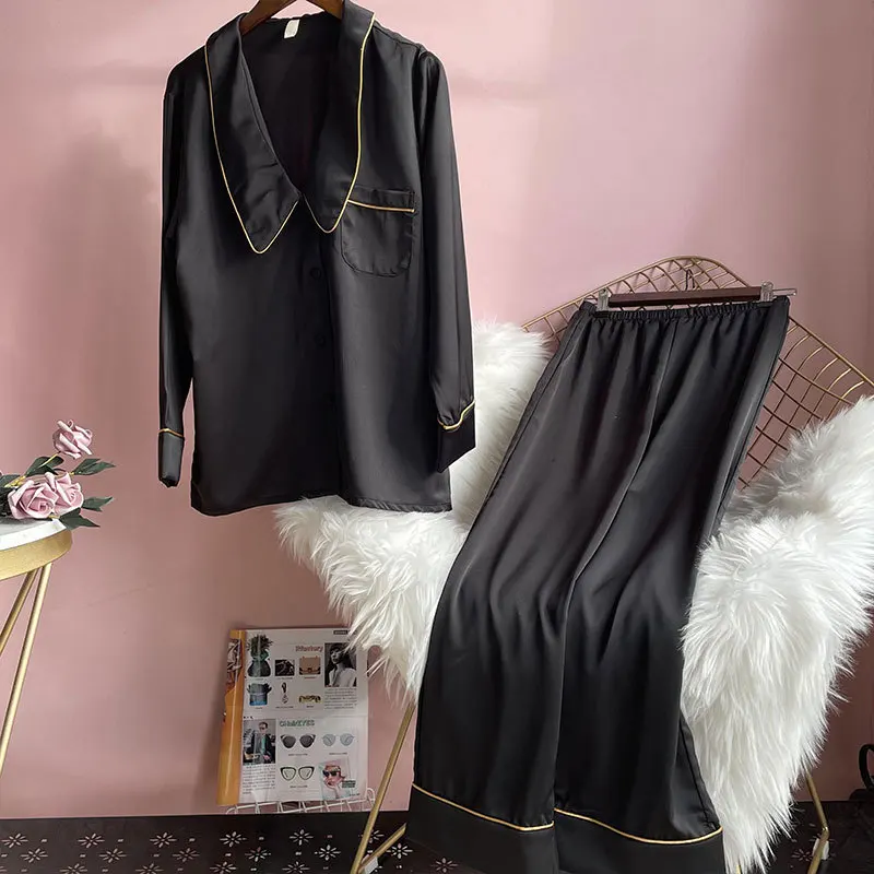 

Women Lapel Pajamas Set Satin 2PCS Sleepwear Long Sleeve Shirt&Pants Silky Sleep Set Female Loose Pyjamas Suit Home Clothes