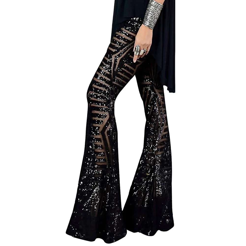 2020 Spring Women Long Wide Pants Sequins High Waist Trousers Joggers Cargo Party Night Clubwear Black Apricot | Женская одежда