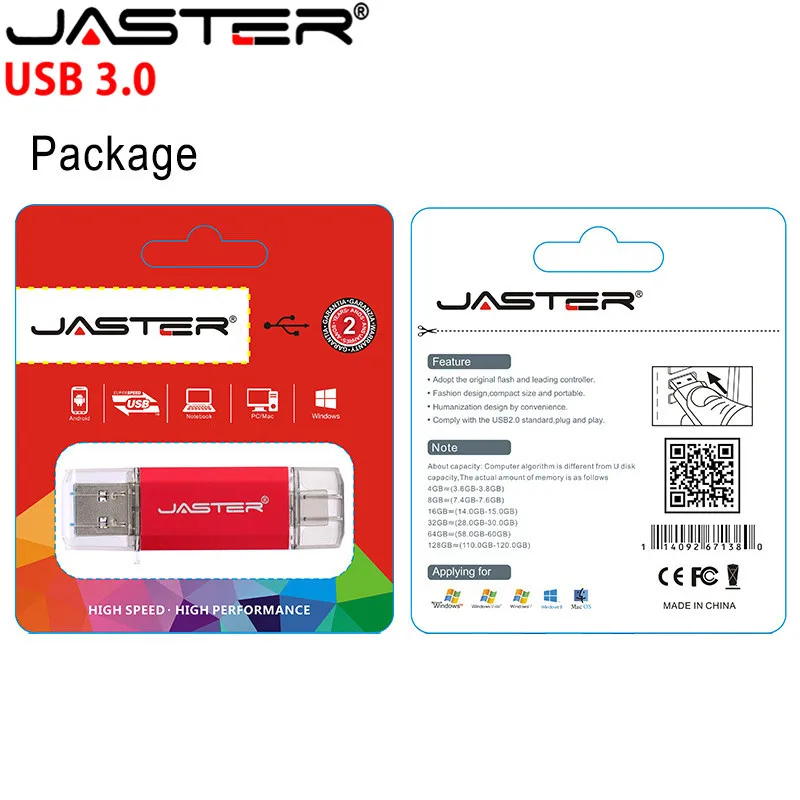 

JASTER USB 3.0 OTG & type-c usb flash drives 16GB 32GB 64GB 128GB pendrives dual pen drive for android system 10pcs feel logo