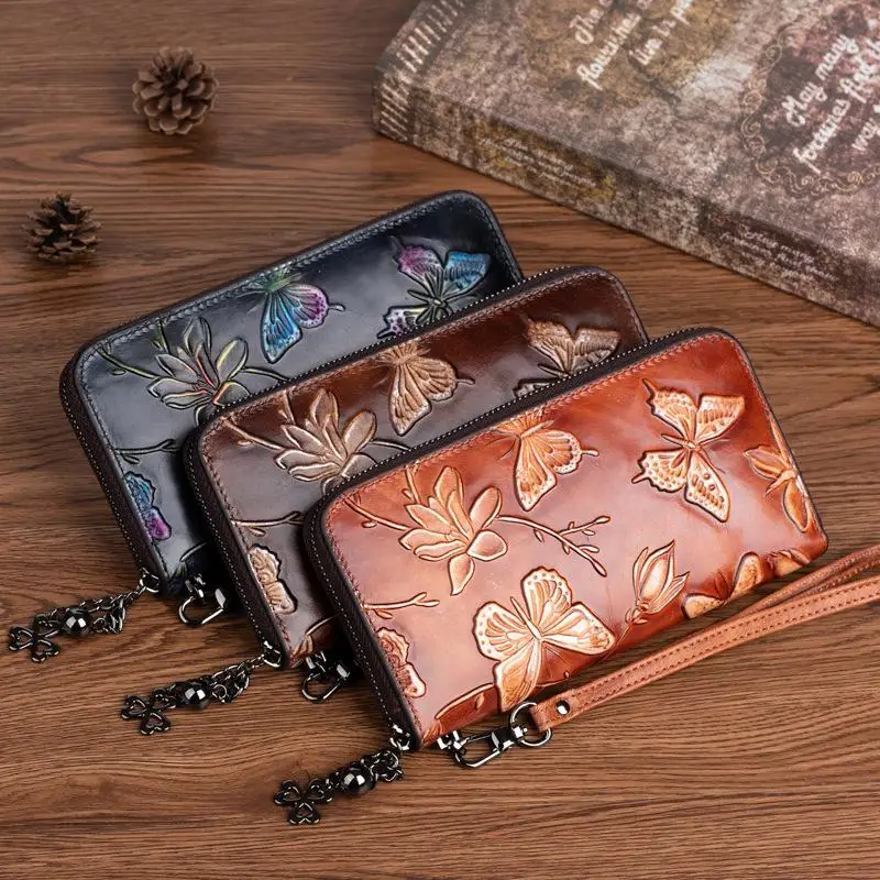 

New Genuine Leather Embossed Long Women Wallets Vintage Hand Painted Large Clutch Wallet Card Holder Phone Purse