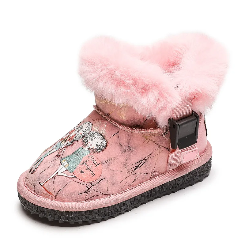 

Children Boots Shoes 2019 New Winter Plush Warm Martin Girl Shoes Cartoon Print Fashion Leather Soft Fleece Antislip Girls Boots