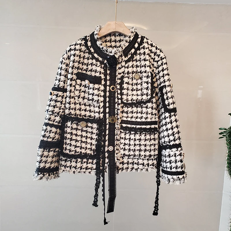 Fashion Vintage Small Fragrance Wind Women's Clothing 2020 Autumn And Winter New Plaid Ladies Tweed High Quality Jacket