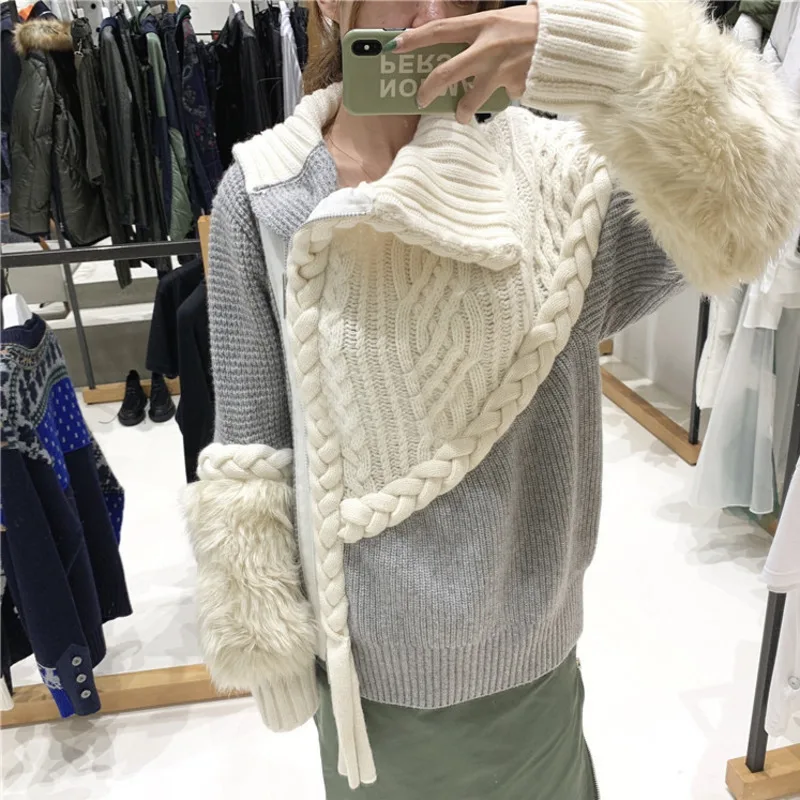 DEAT Gray Lapel Stitching Fur Long-sleeved Thick Wool Hit Color Woman Sweater Coat Casual Fashion Autumn Winter New TD065