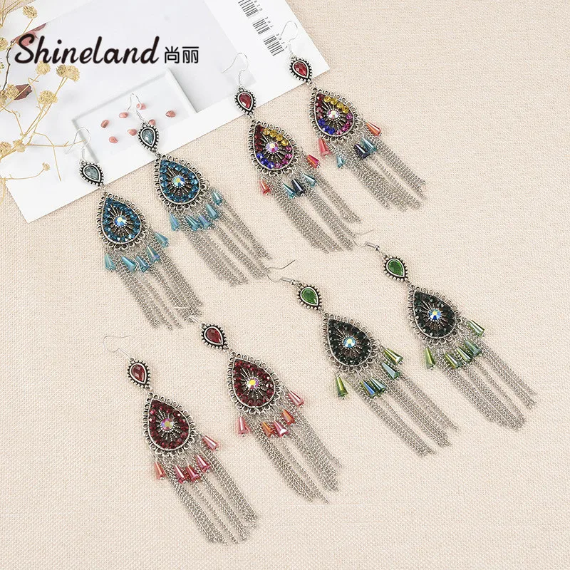 

Retro Bijou Water Drop Long Tassel Dangle Drop Earrings For Women Colorful Crystal Beads Metal Bohemia Jewelry Gift