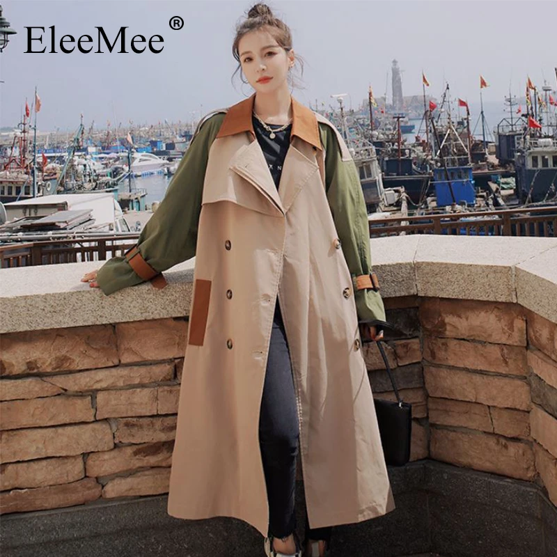 

EleeMee Trench Coat Women Autumn Coats 2022 New Arrival Patchwork Double Breasted Long Jacket Causal Windbreaker Size S-Xl