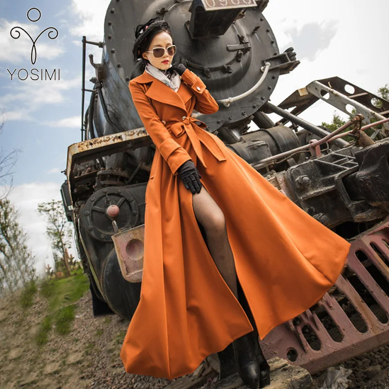 Женское длинное пальто YOSIMI осенне зимнее с отложным воротником и поясом ветровка