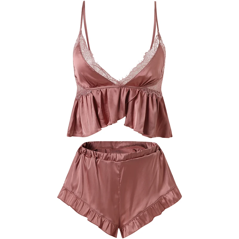 

Blue pink sexy women summer suspenders tops+T pants two-piece thin lace sleepwear silk satin breathable pajamas suit