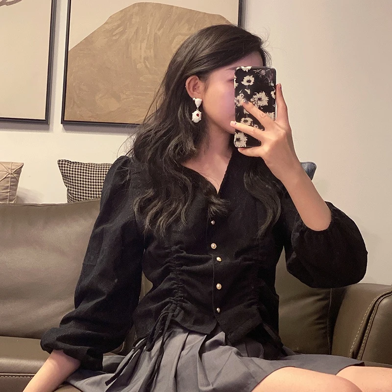 

KUSAHIKI Korean Drawstring Short Blouse Shirt Causal Puff Sleeve V-neck Women Tops 2021 New Fashion Blusas Feminimos 6H137