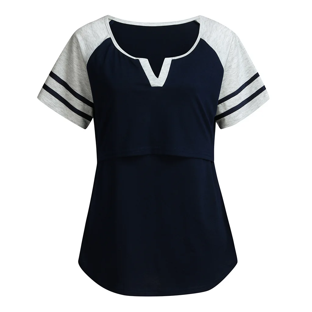 

Maternity shirt striped short-sleeved T-shirt summer V-neck color matching pregnant women breastfeeding womens T-shirt