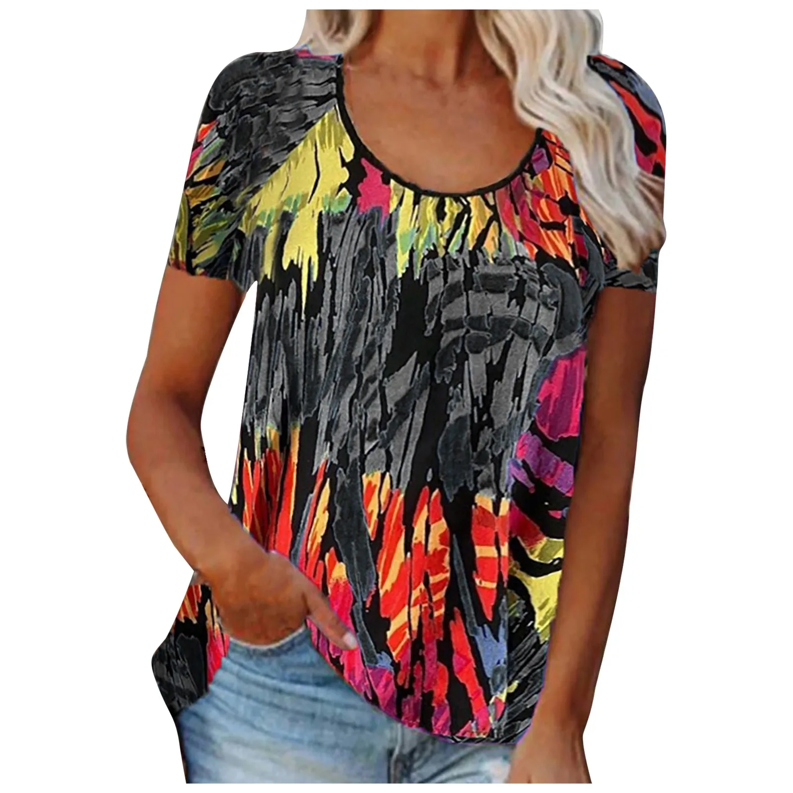 Женская туника с круглым вырезом фиолетовая блузка коротким рукавом и цветочным