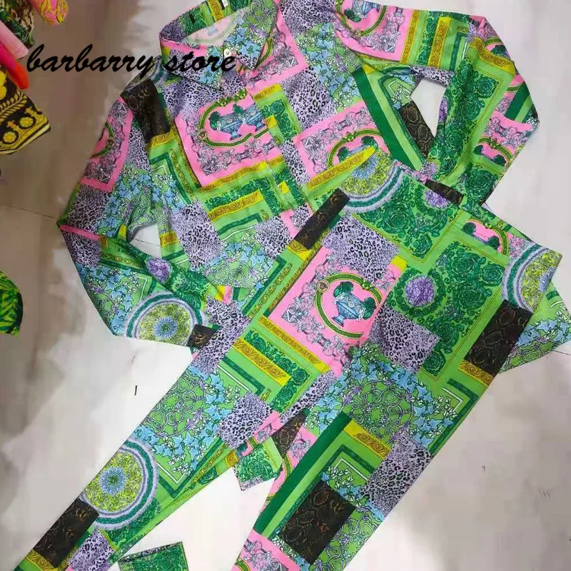 

2021 luxury brand printing women's two piece set fashion sexy temperament Lapel long sleeve shirt + high waist slim Leggings