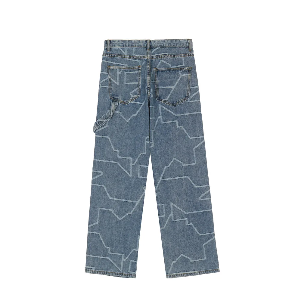 2021 New Arrival Geometry Graphic Blue Vintage Men Baggy Jeans Trousers Hip Hop Straight Casual Loose Denim Pants Pantaloni Uomo