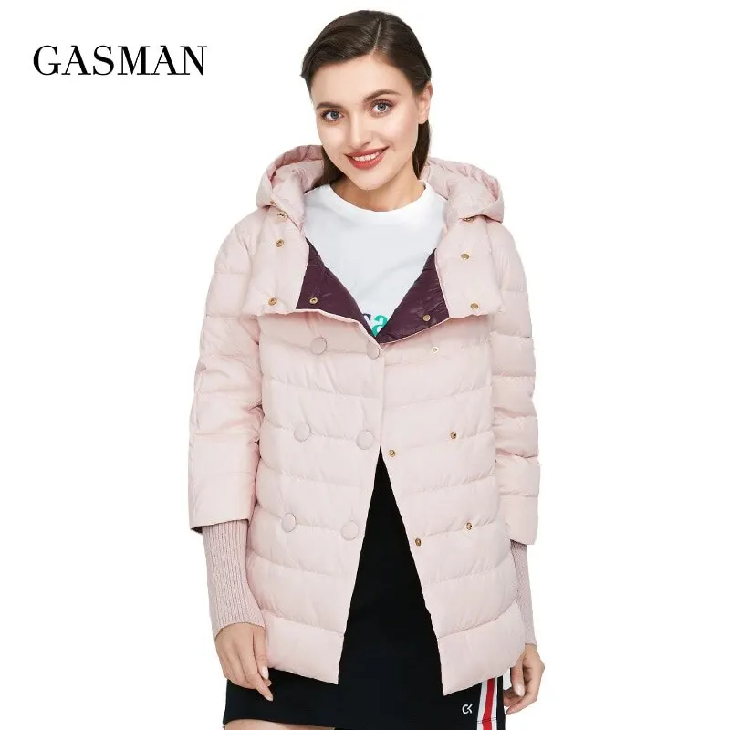 Бренд GASMAN розовая Модная трикотажная куртка с капюшоном зимняя женская короткая