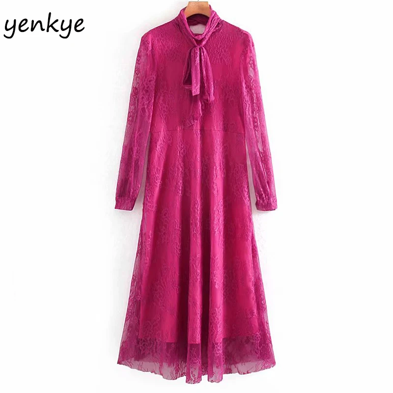 Модное женское кружевное платье с бантом и высоким воротом полупрозрачное