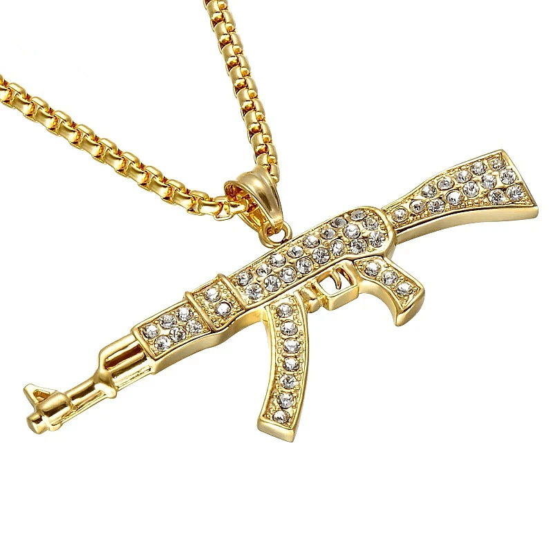HIP Hop Iced Out Full Rhinestone CSGO CS GO AK47 Gun Pendant Necklaces Bling Gold Color Stainless Steel Necklace for Men Jewelry