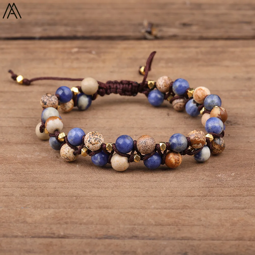 Женский двойной браслет с бусинами из кальдалитового камня 6 мм | Украшения и