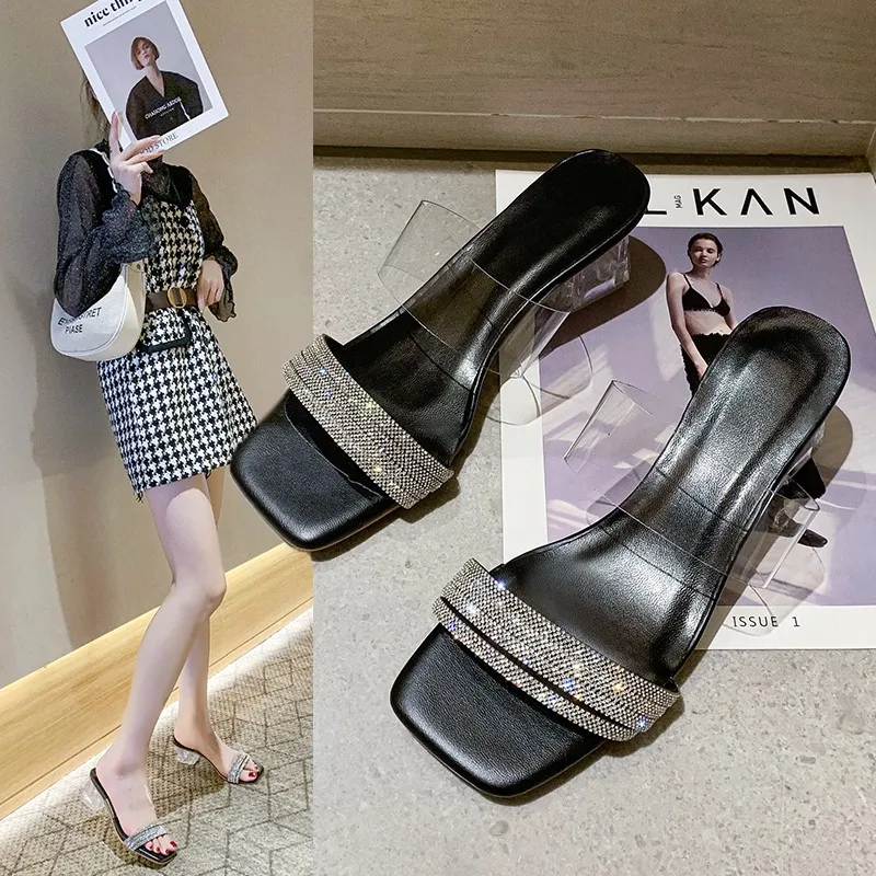Transparent Shoes Slippers Ladies Sandals Summer Shoes Ladies Transparent High Heels Wedding Jelly TGHDOF Sexy Square High Heels