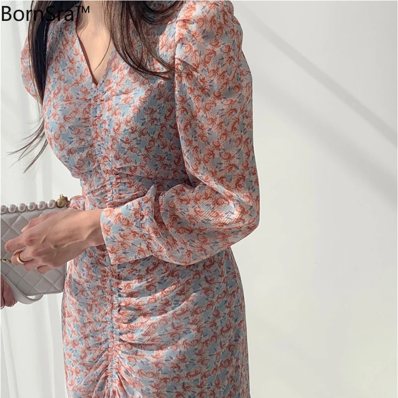 

BornSra 2020 Spring Summer Ruffles Floral Print Slim Waist Midi Dress Vintage V-Neck Ruched Women A-line Dress Female Vestidos
