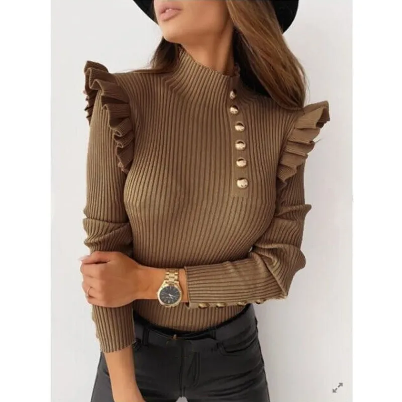 Осенне-зимний женский облегающий пуловер с рюшами и воланом длинным рукавом