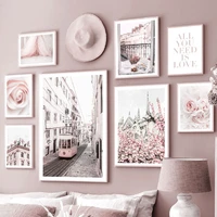 notre pink sakura rose girl tram building nordic posters and prints wall art canvas painting wall pictures for living room decor
