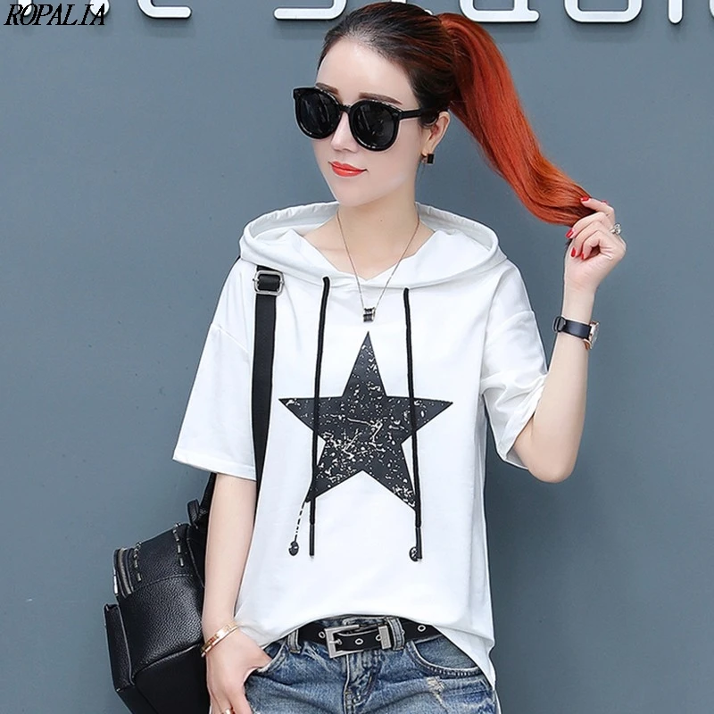 Женская свободная летняя футболка с капюшоном и принтом звезды коротким рукавом