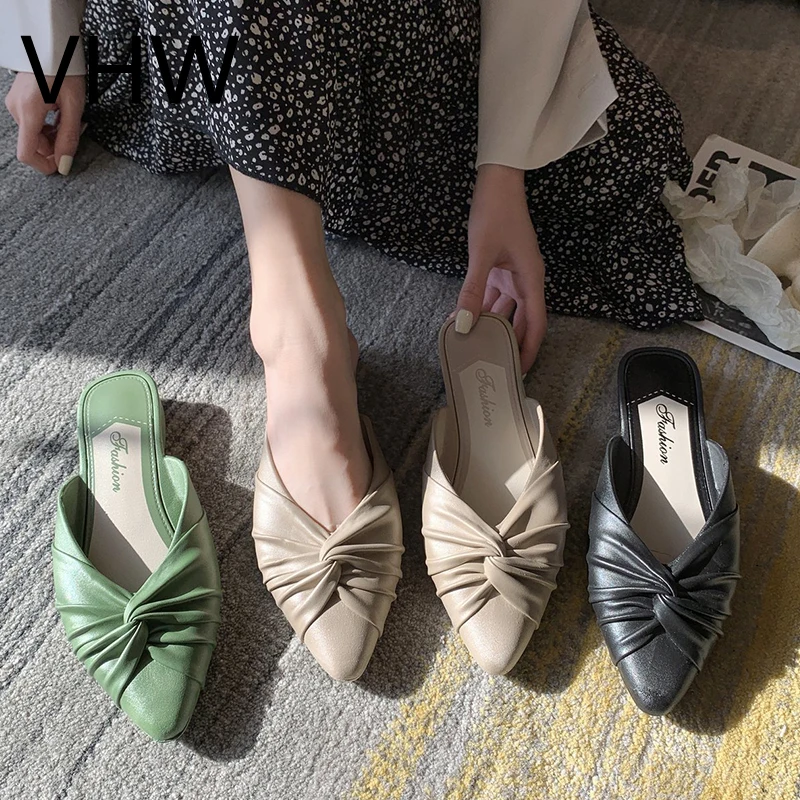 

Big Size 41 Women Mules Shoes Closed Toe Leather Slippers Ladies 2021 Spring Summer Slide Shoes Fashion Elegant Women Slippers